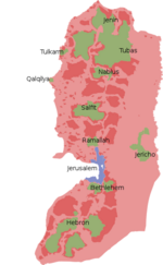 Green areas under PA control and red areas under joint PA and Zionist control