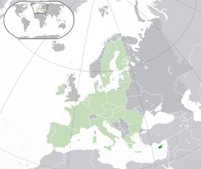 Republic of Cyprus in dark green, Northern Cyprus, in medium green, and the European Union in light green